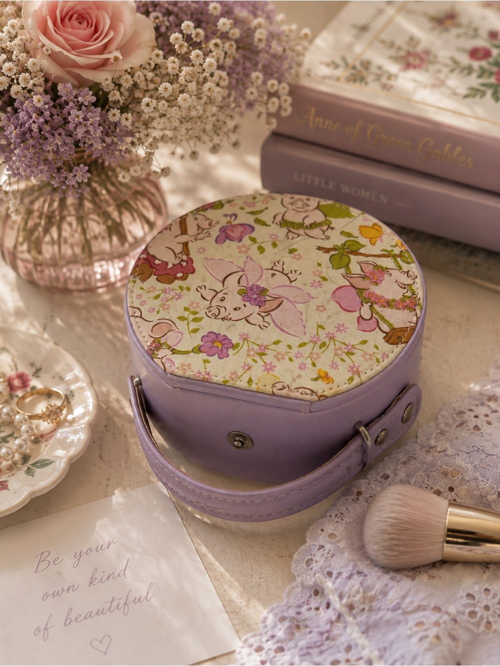 Vintage 90s Enesco This Little Piggy Round Cosmetic Vanity Box Case Lilac Rare